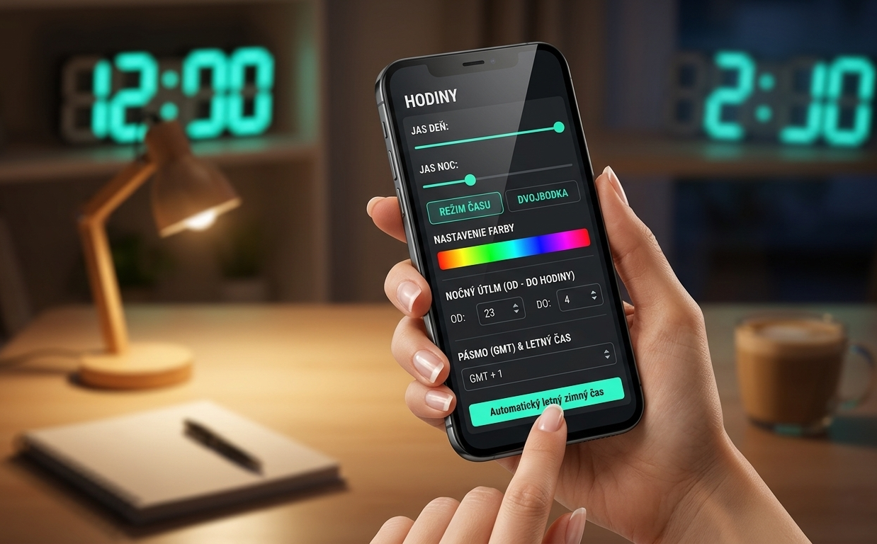 Nastavenie jasu a režimov 7-segmentových hodín cez prehľadné webové rozhranie v mobile